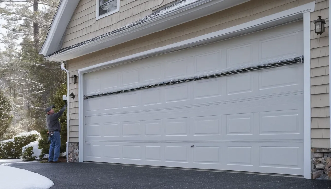 Provider checking a torsion spring above a garage door in Old Westbury
